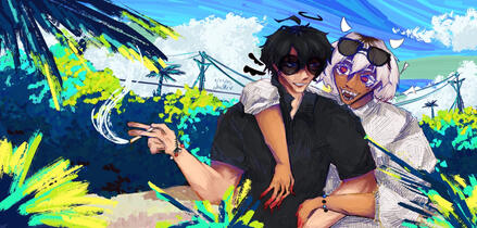 waist, full render, background, +1 extra person